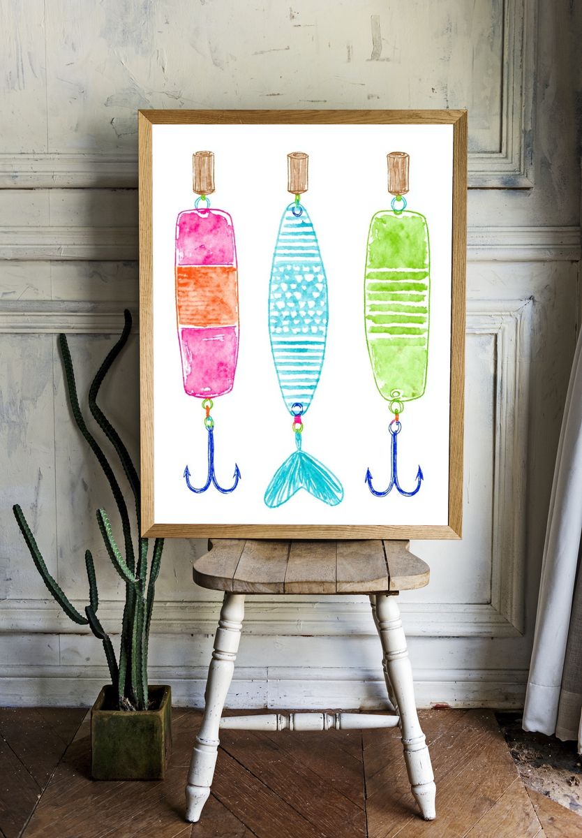 Watercolor Fishing Lures Illustration Poster. — room view 1