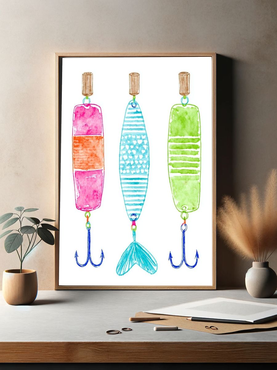 Watercolor Fishing Lures Illustration Poster. — room view 2