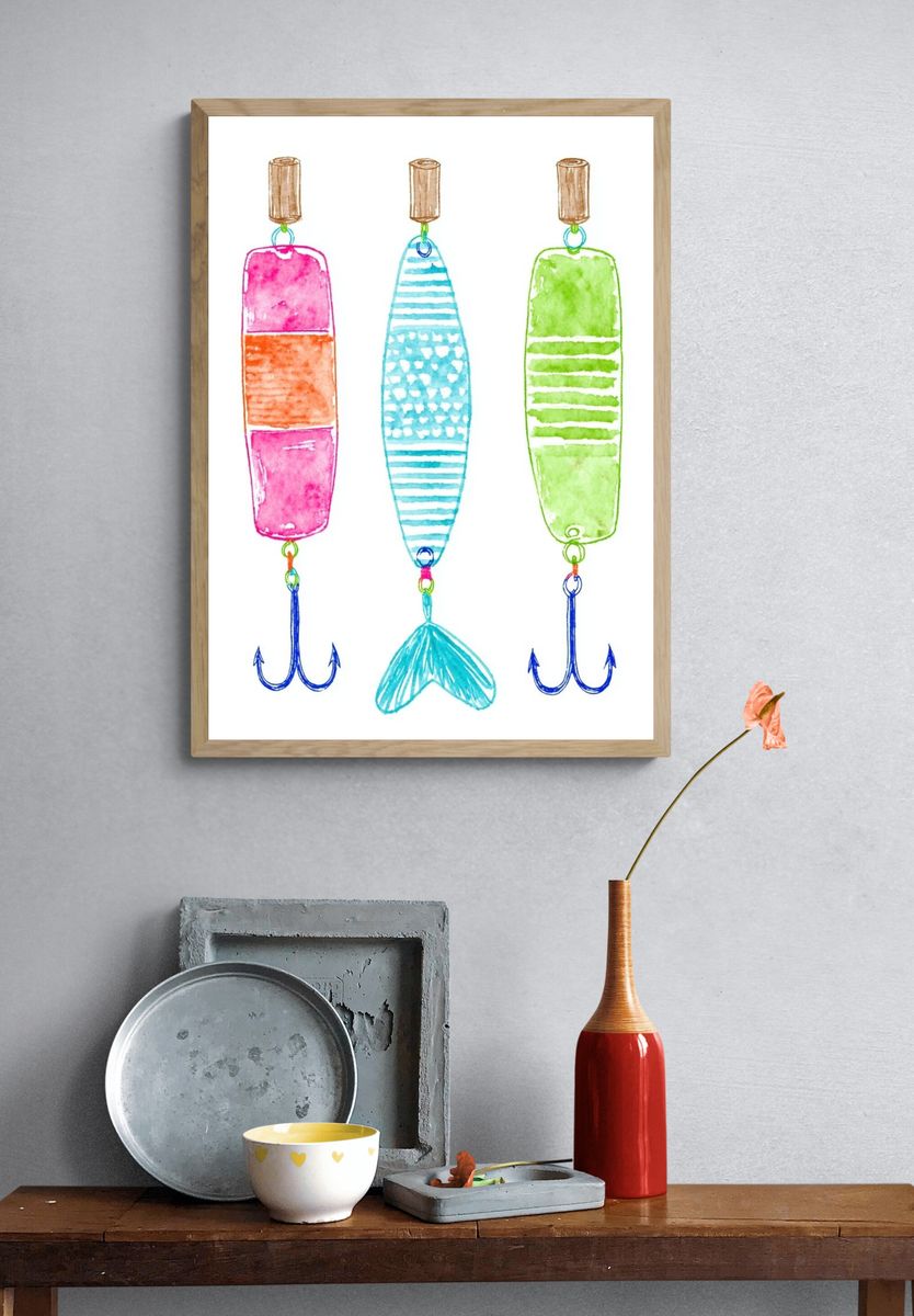 Watercolor Fishing Lures Illustration Poster. — room view 3