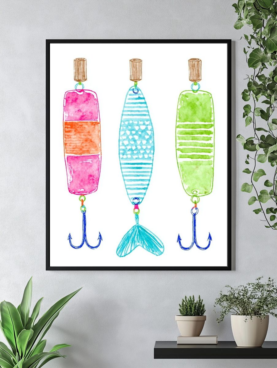 Watercolor Fishing Lures Illustration Poster. — room view 4