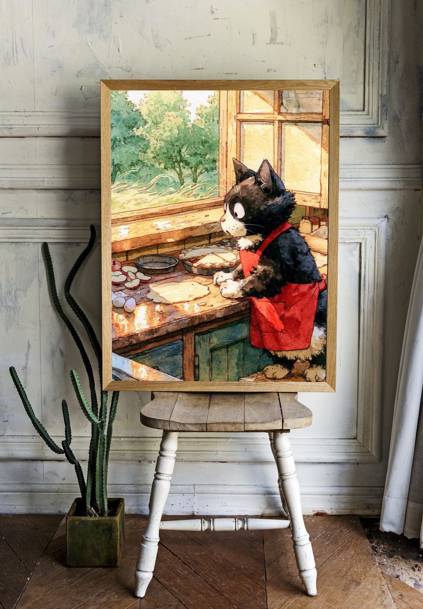 Cat in Kitchen Watercolor Poster. — room view 1