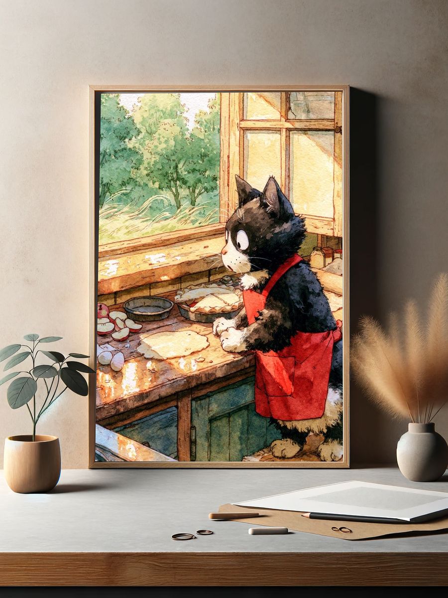 Cat in Kitchen Watercolor Poster. — room view 2