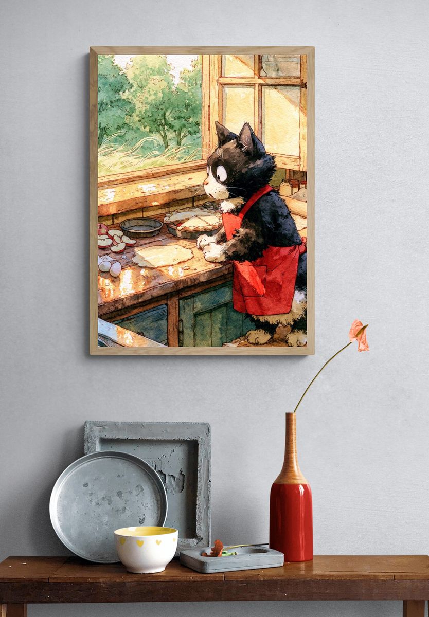 Cat in Kitchen Watercolor Poster. — room view 3