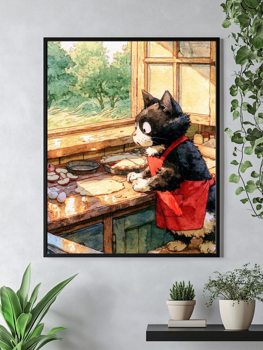 Cat in Kitchen Watercolor Poster. — room view 4