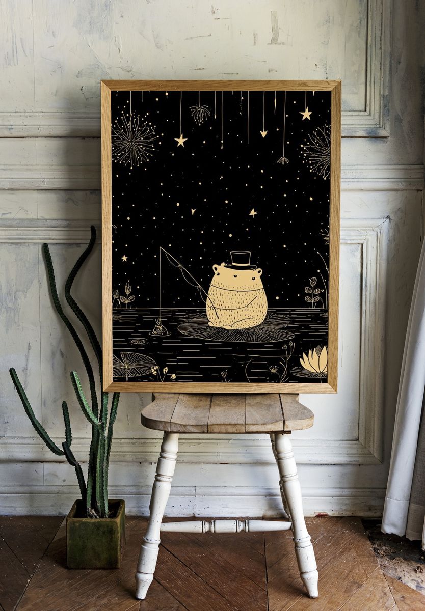 Moonlit Bear Fishing Illustration Poster. room preview