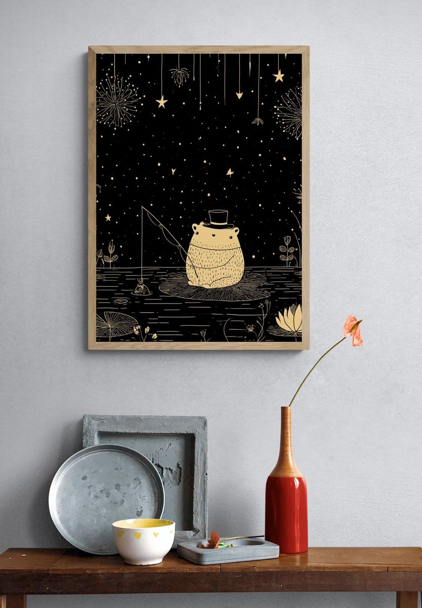 Moonlit Bear Fishing Illustration Poster. — room view 3
