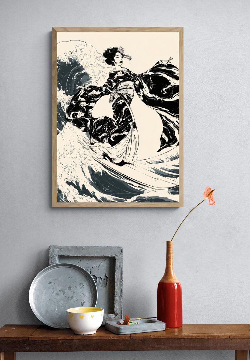 Geisha Wave Ink Poster. — room view 3