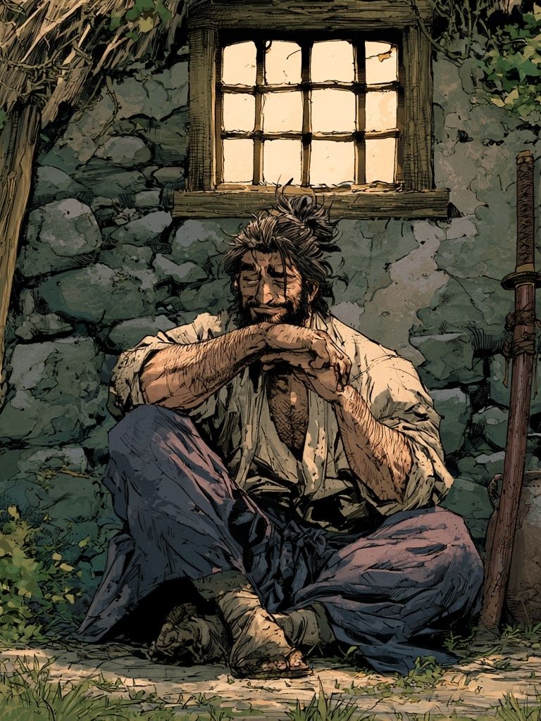 Samurai Resting by Cottage Window Poster. poster — illustration art
