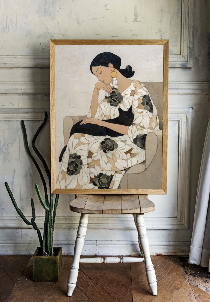 Woman with Black Cat Contemporary Print. — room view 1