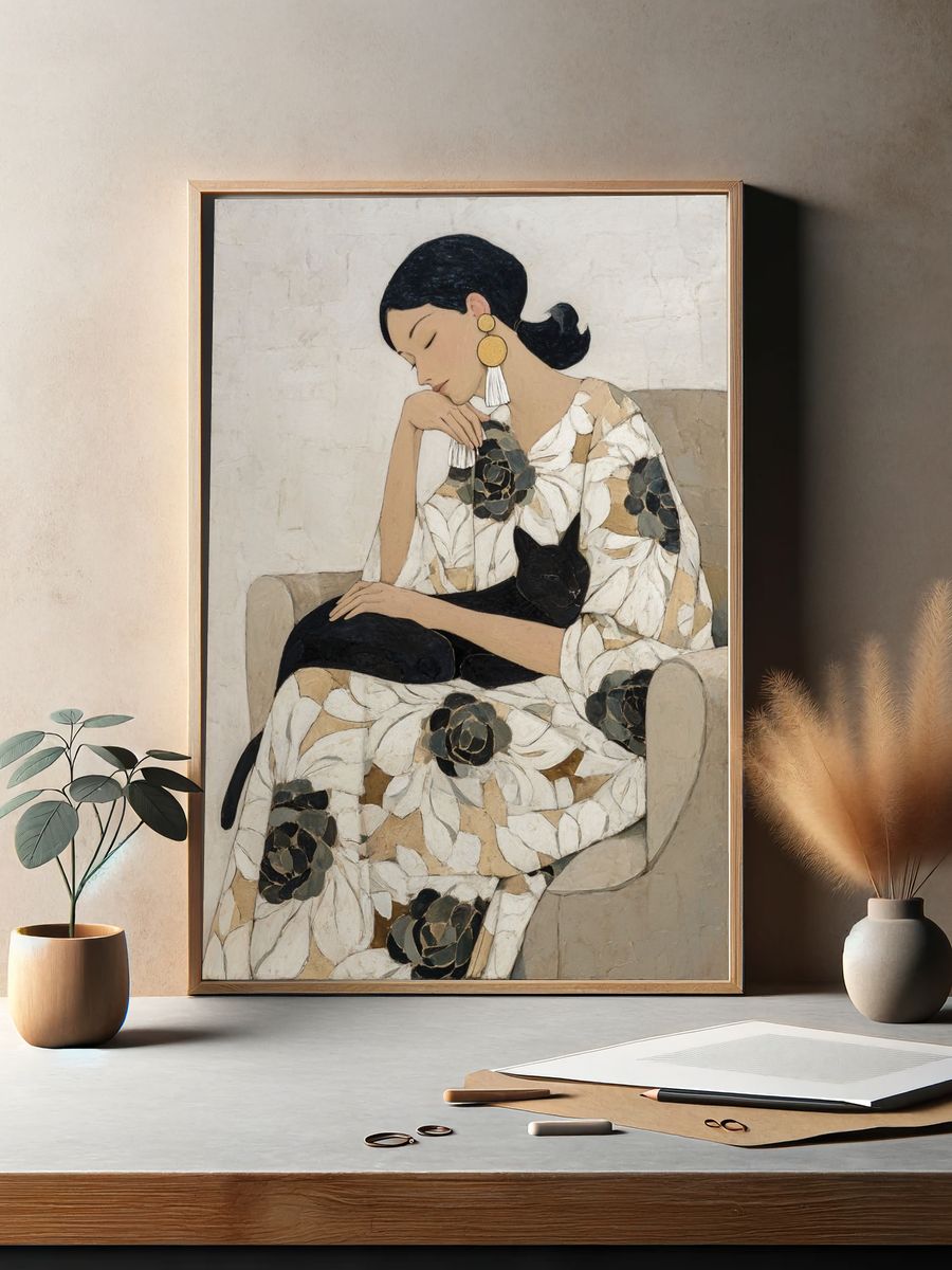 Woman with Black Cat Contemporary Print. — room view 2
