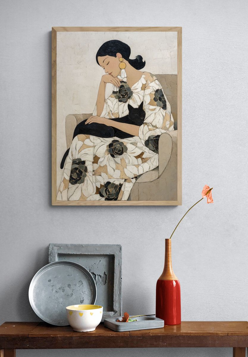 Woman with Black Cat Contemporary Print. — room view 3