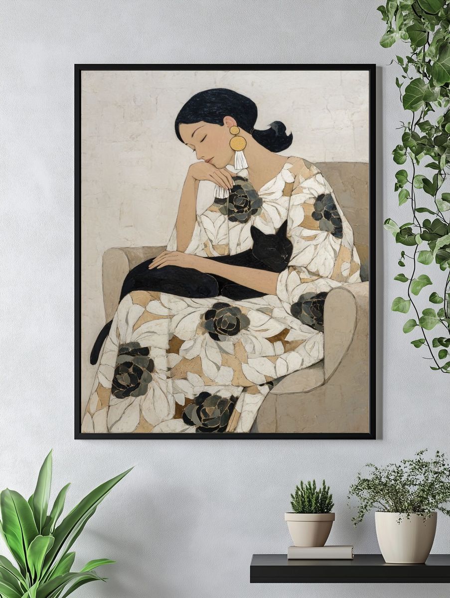 Woman with Black Cat Contemporary Print. — room view 4
