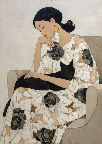 Woman with Black Cat Contemporary Print. poster