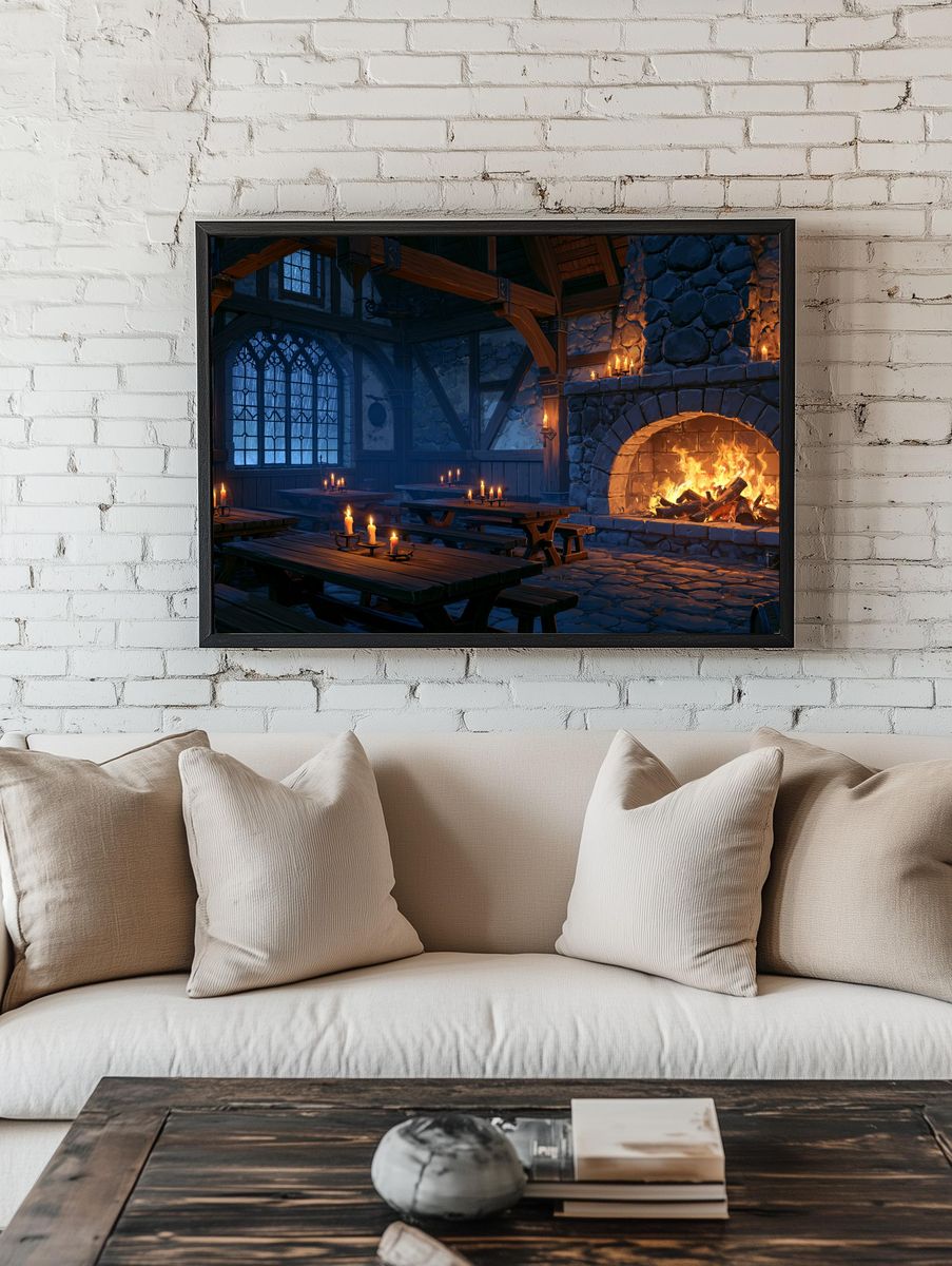 Cozy Tavern Fireplace Illustration Poster. — room view 1