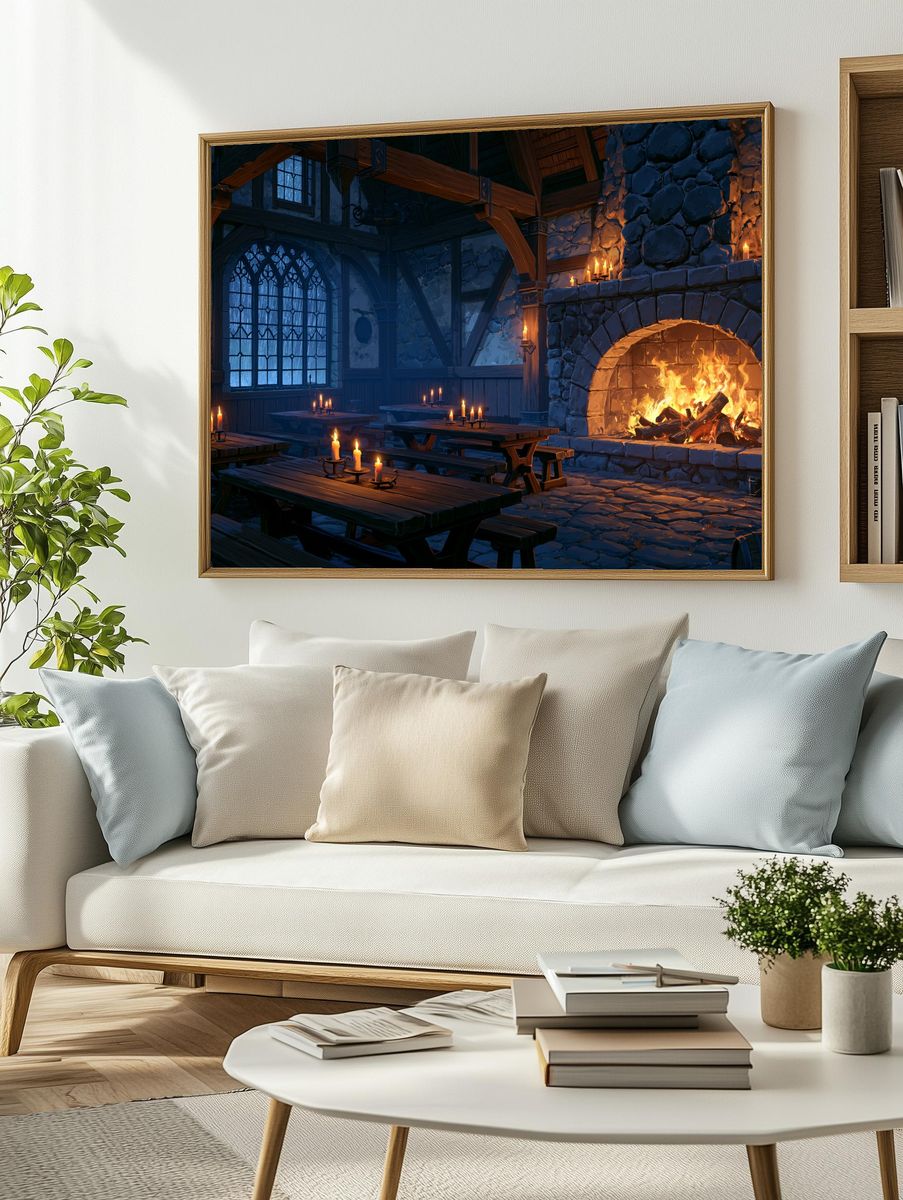 Cozy Tavern Fireplace Illustration Poster. — room view 2