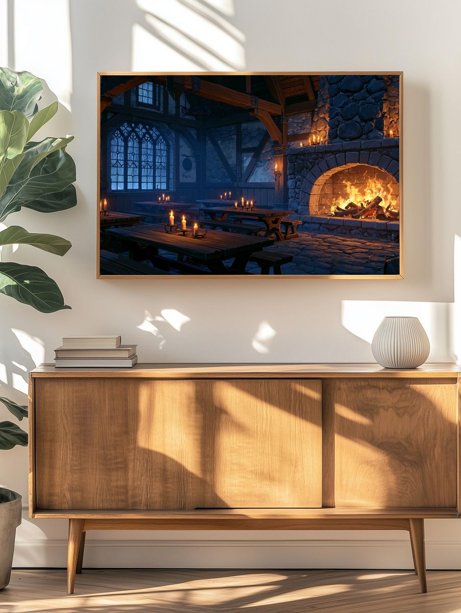 Cozy Tavern Fireplace Illustration Poster. — room view 3