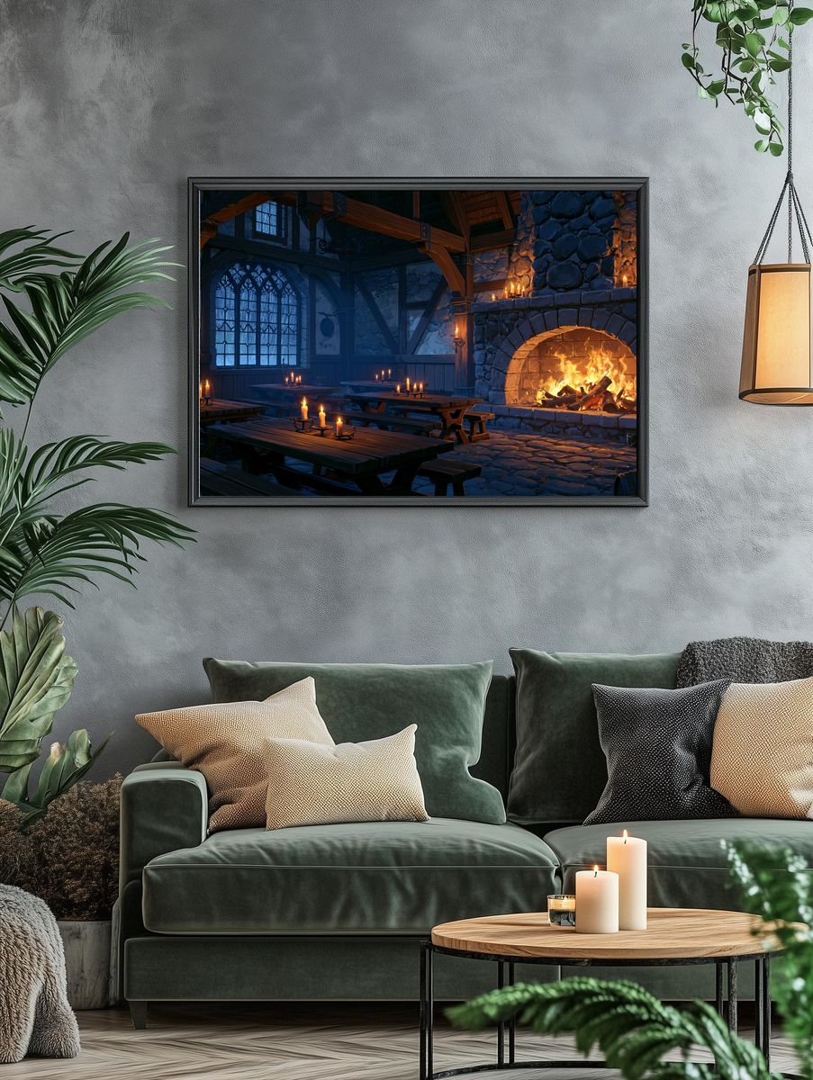 Cozy Tavern Fireplace Illustration Poster. — room view 4