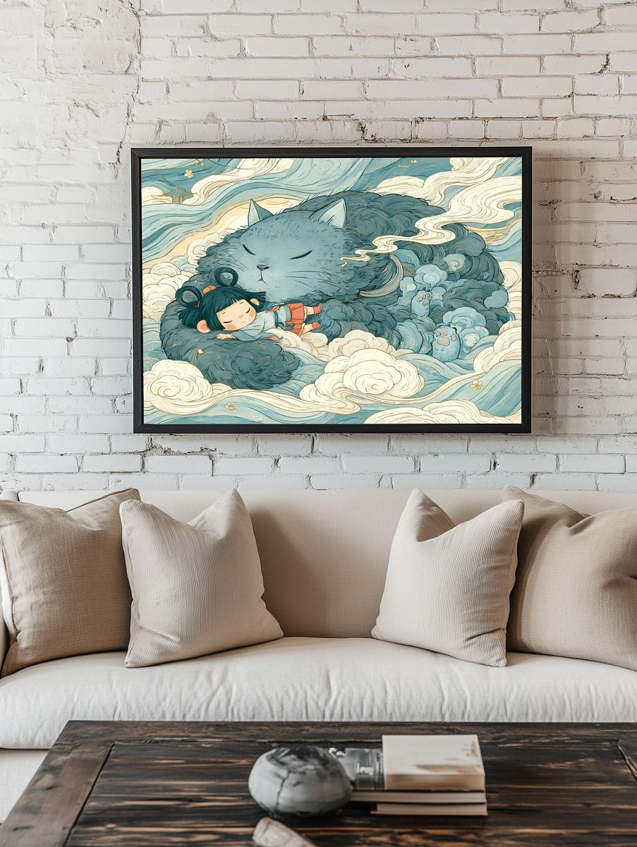 Sleeping Cat and Girl Illustration Poster. room preview