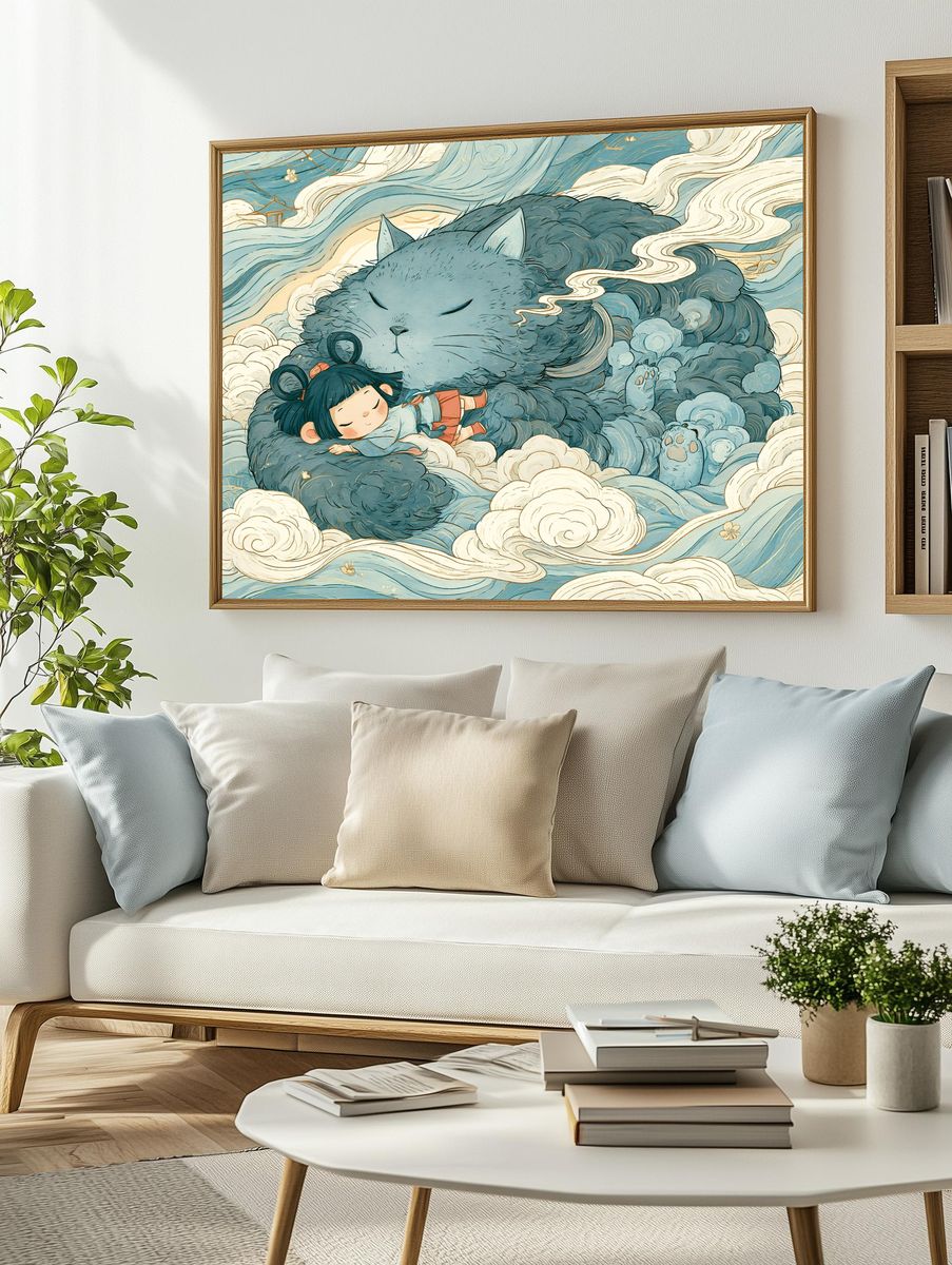 Sleeping Cat and Girl Illustration Poster. — room view 2