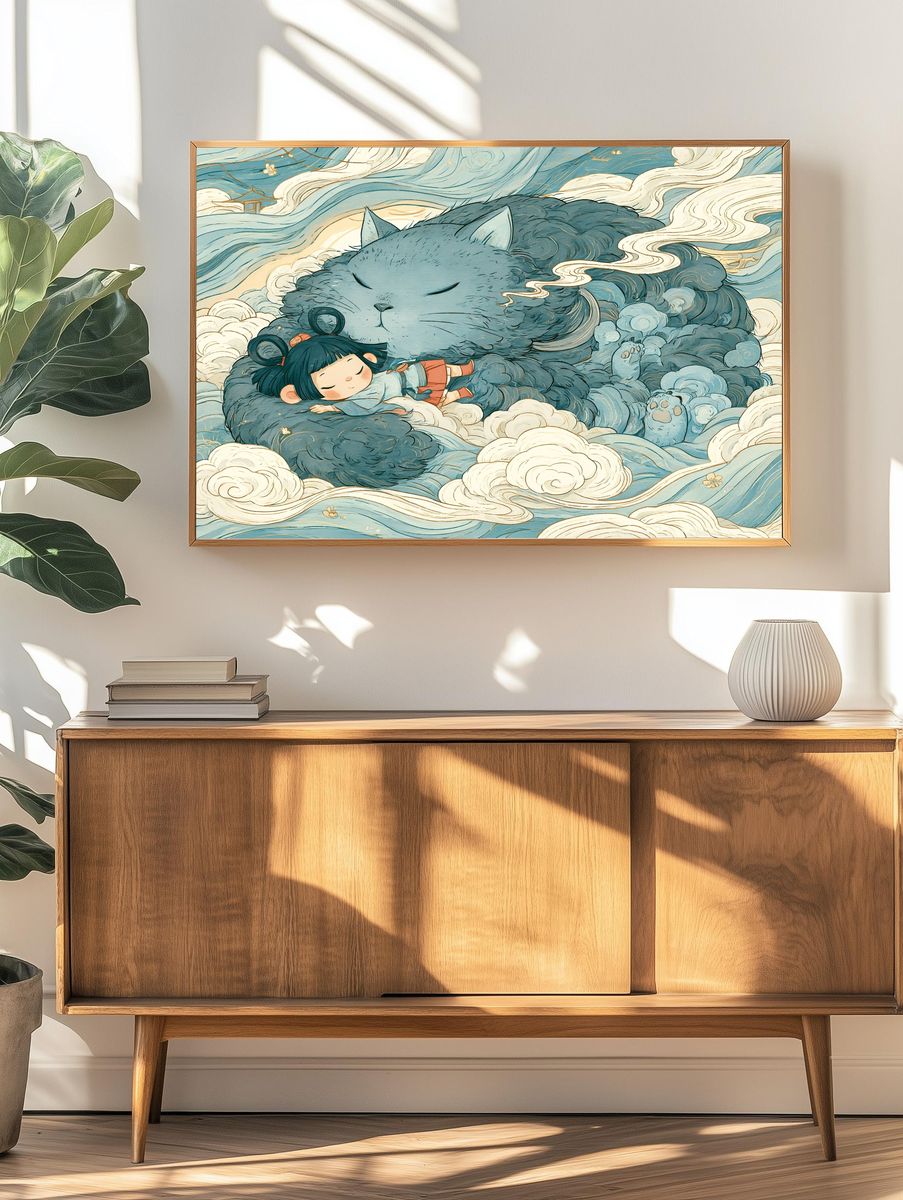 Sleeping Cat and Girl Illustration Poster. — room view 3