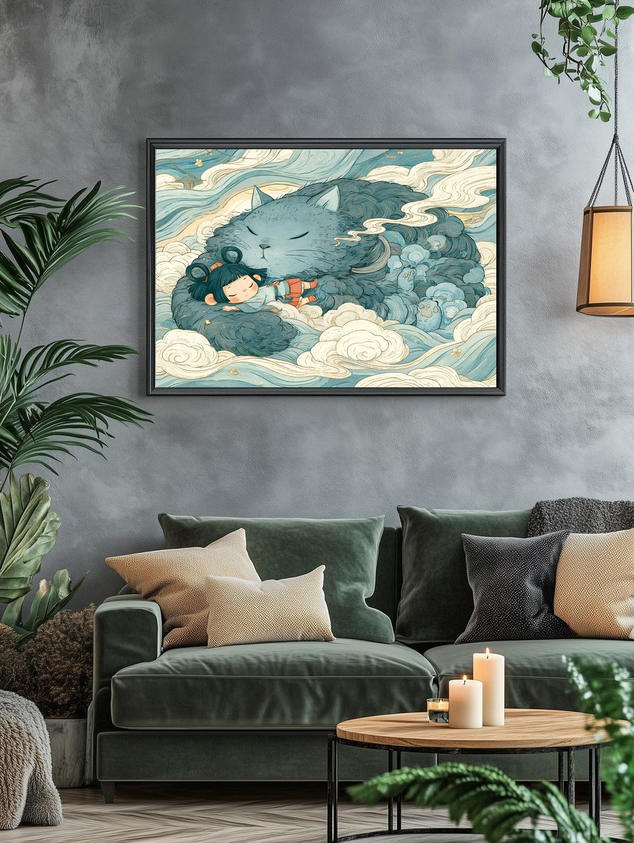 Sleeping Cat and Girl Illustration Poster. — room view 4