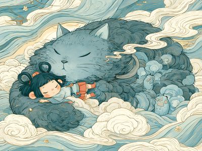Sleeping Cat and Girl Illustration Poster.