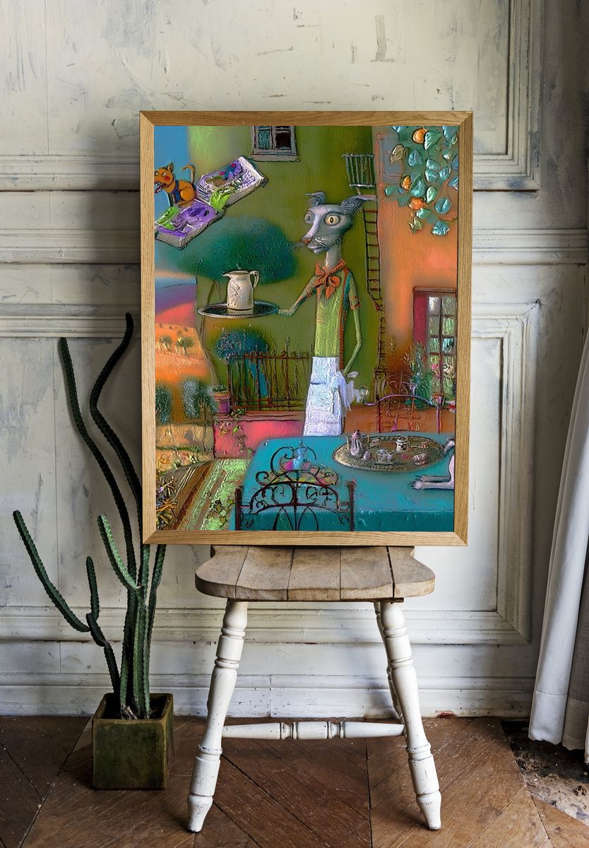Surreal Cat Tea Party Print. room preview