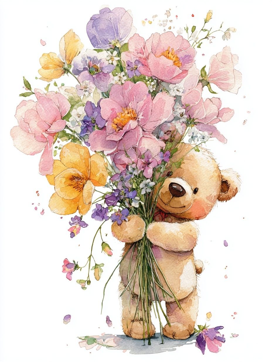 Teddy Bear Bouquet Watercolor Poster. poster — illustration art