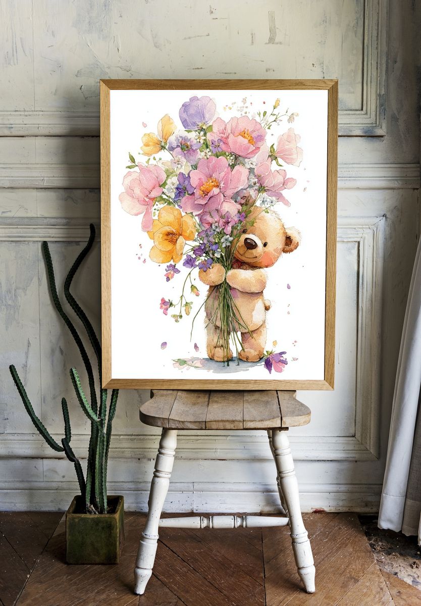 Teddy Bear Bouquet Watercolor Poster. — room view 1