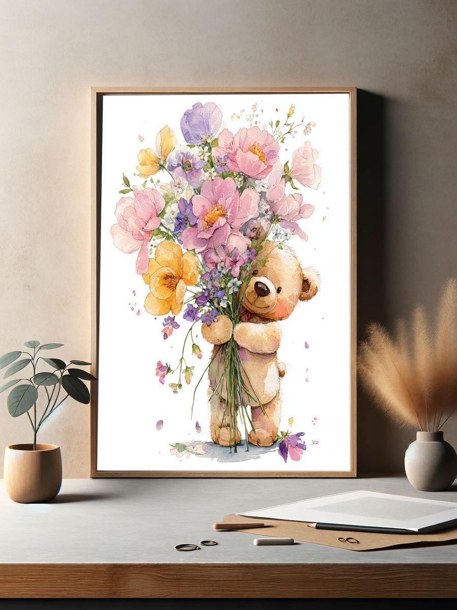 Teddy Bear Bouquet Watercolor Poster. — room view 2