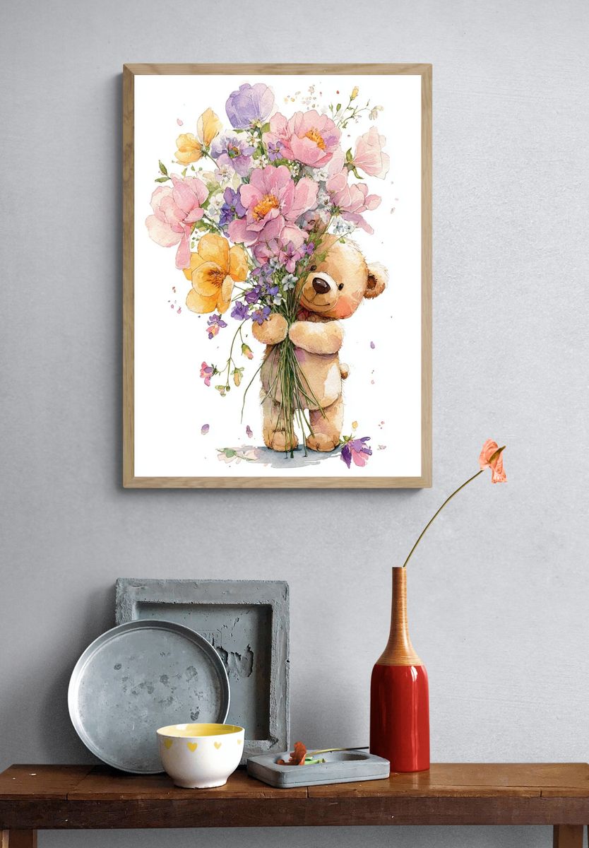 Teddy Bear Bouquet Watercolor Poster. — room view 3