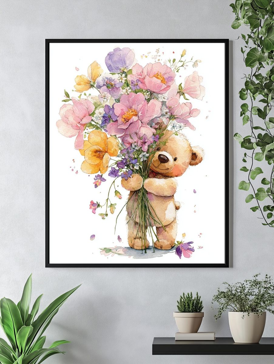 Teddy Bear Bouquet Watercolor Poster. — room view 4