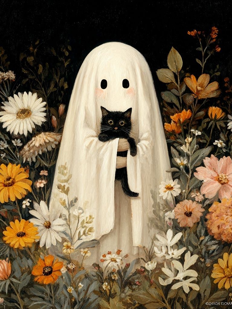 Ghost and Black Cat Floral Poster. poster detail