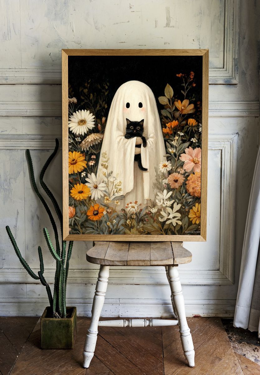 Ghost and Black Cat Floral Poster. — room view 1