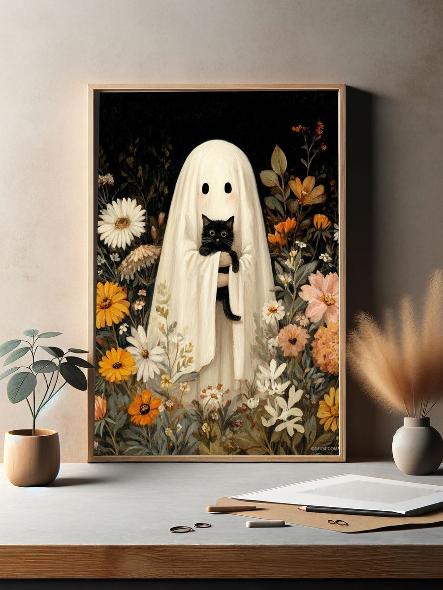 Ghost and Black Cat Floral Poster. — room view 2