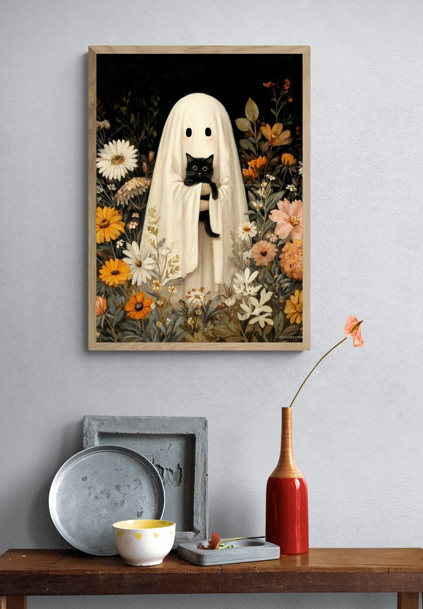 Ghost and Black Cat Floral Poster. — room view 3