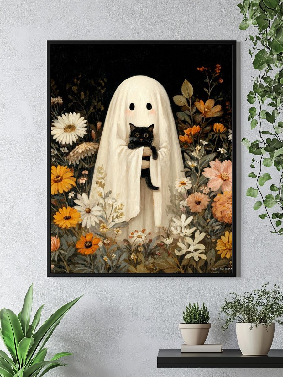 Ghost and Black Cat Floral Poster. — room view 4