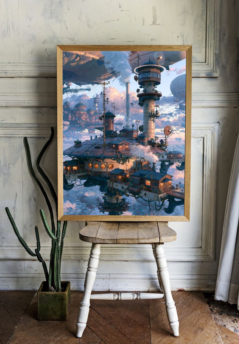 Floating Sky City Sci-Fi Illustration Poster. room preview
