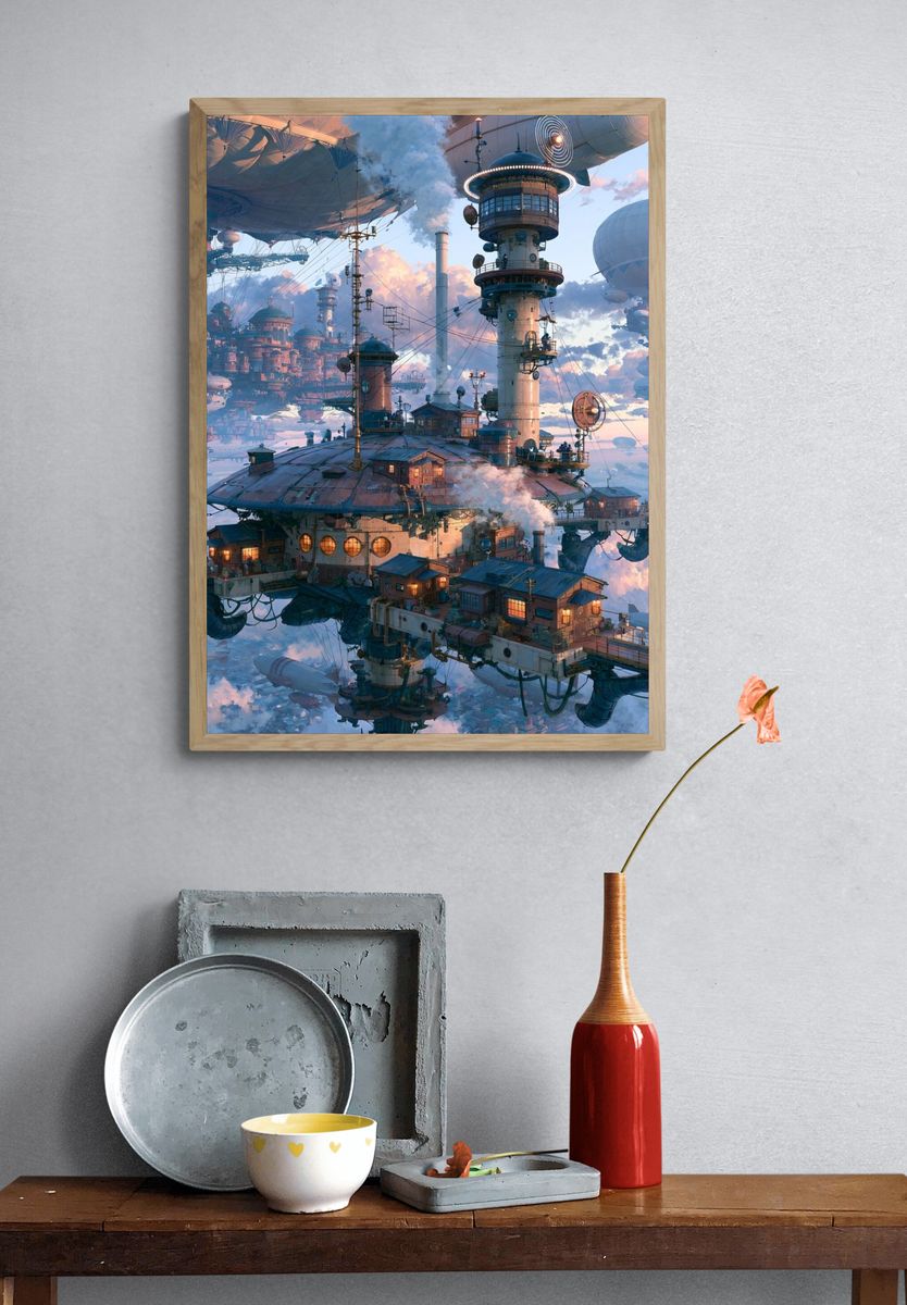 Floating Sky City Sci-Fi Illustration Poster. — room view 3