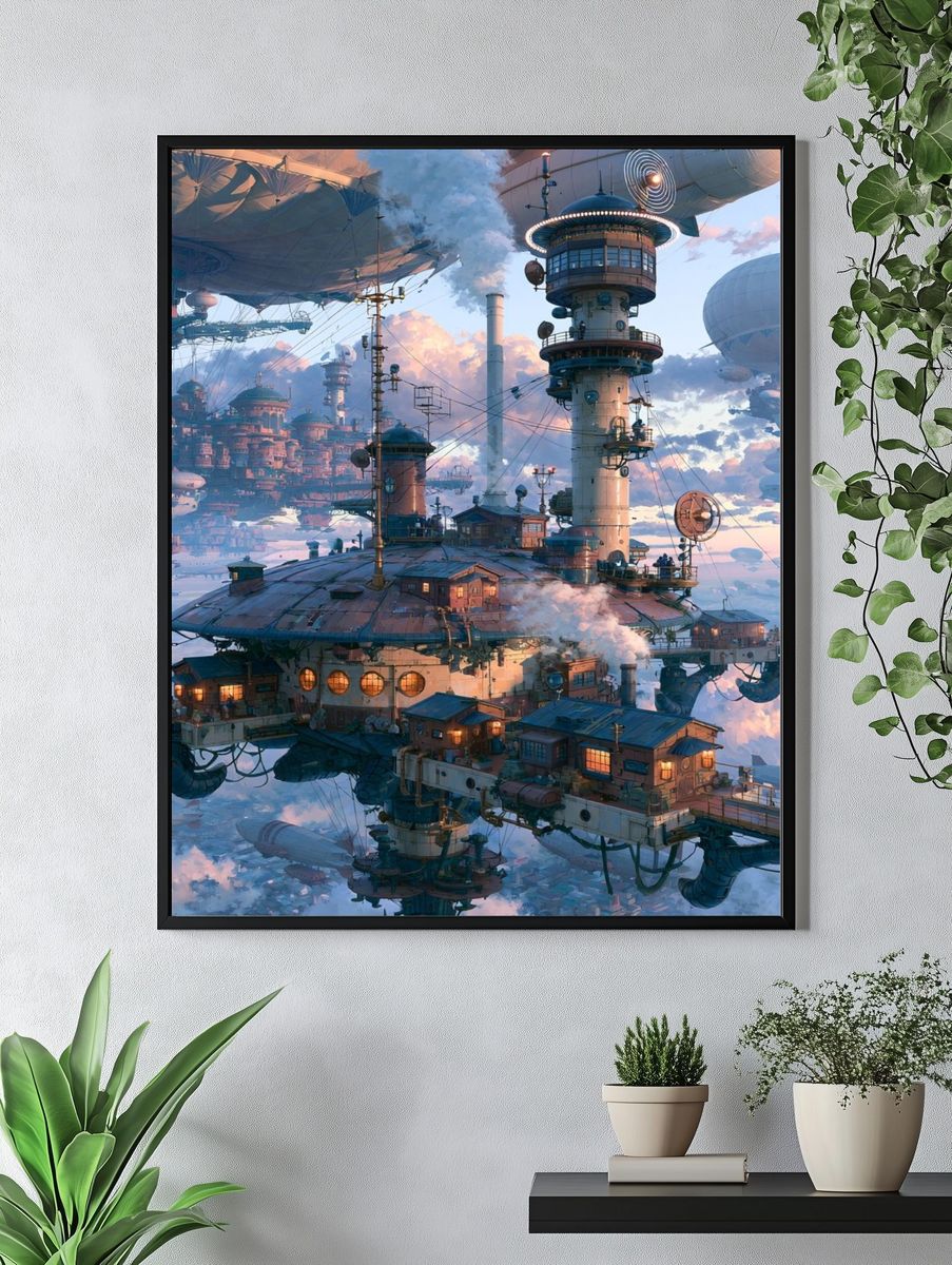 Floating Sky City Sci-Fi Illustration Poster. — room view 4