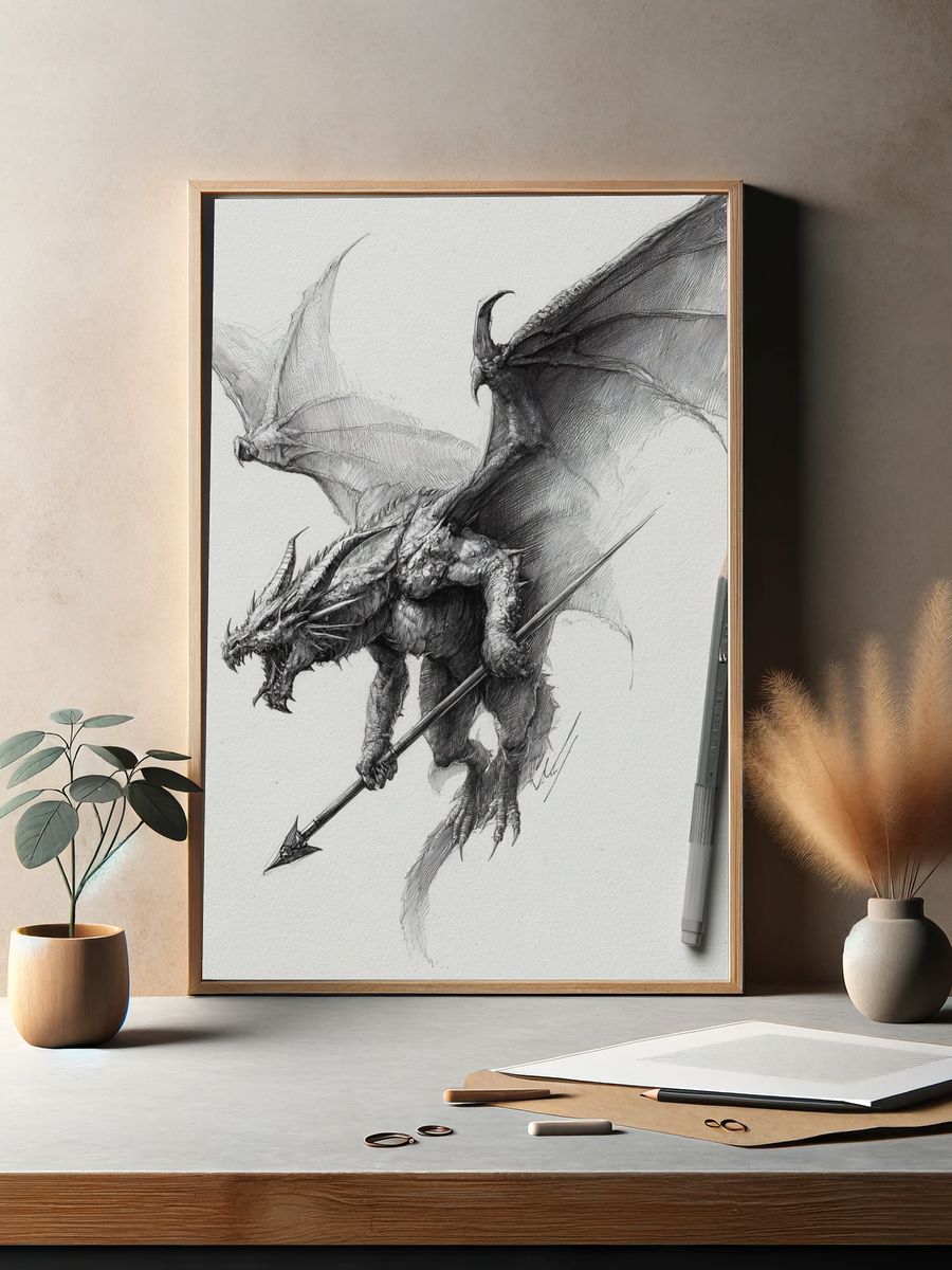 Dragon Sketch Illustration Poster. — room view 2