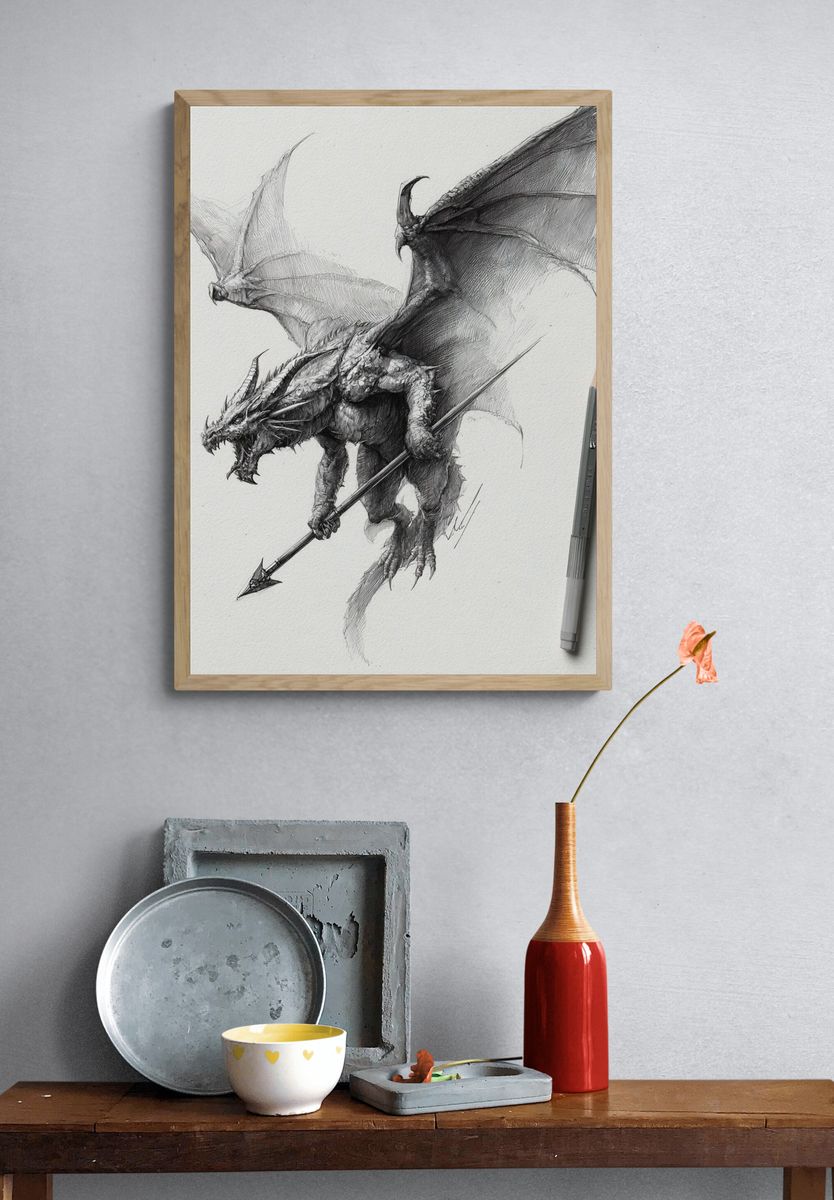 Dragon Sketch Illustration Poster. — room view 3