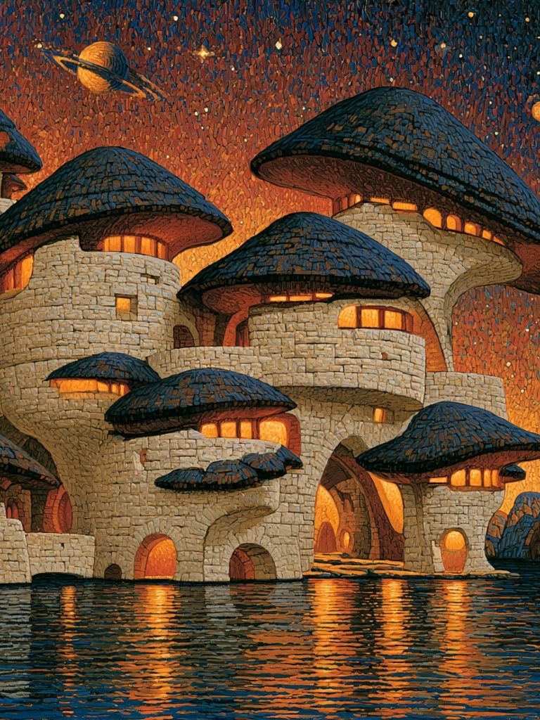 Mushroom Village Nightscape Print. poster detail