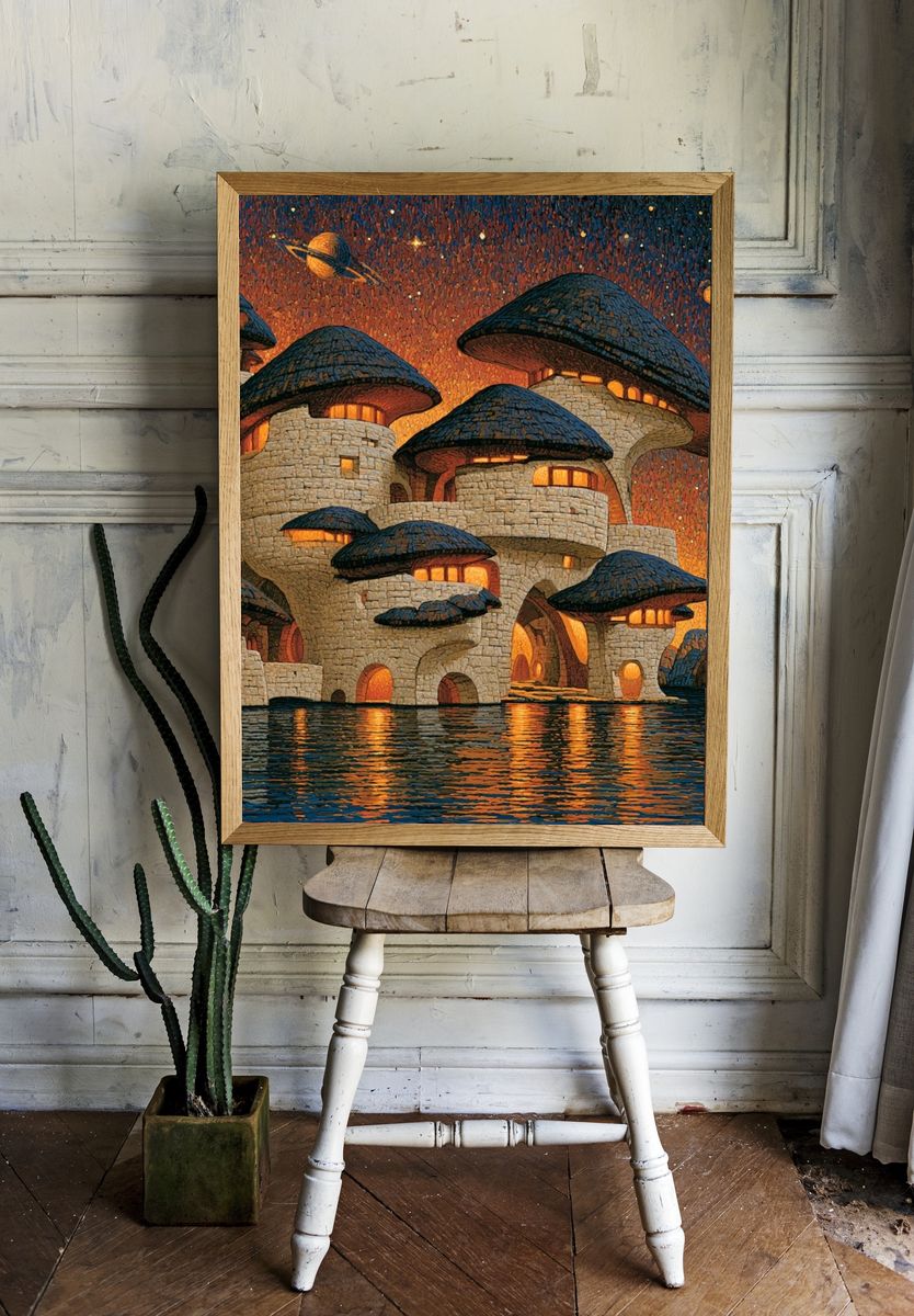 Mushroom Village Nightscape Print. room preview