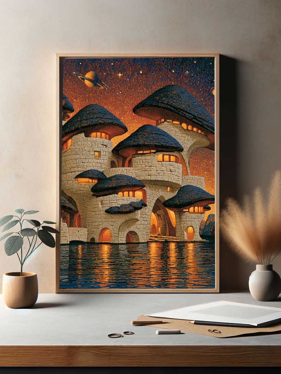 Mushroom Village Nightscape Print. — room view 2