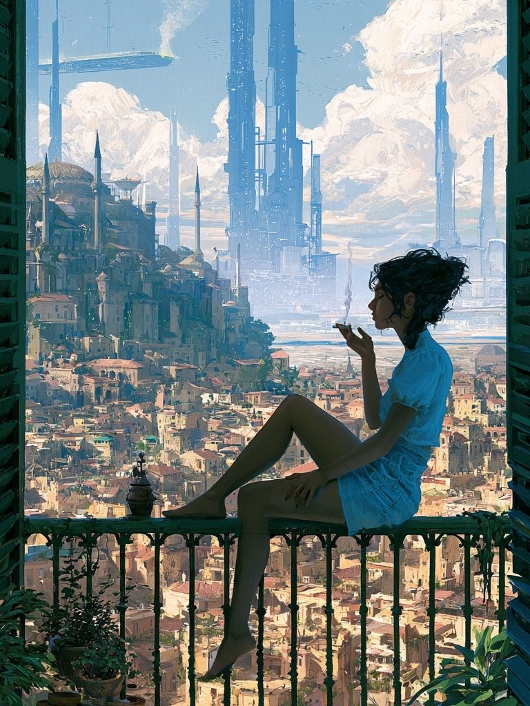 Futuristic Balcony Cityscape Print. poster — illustration art