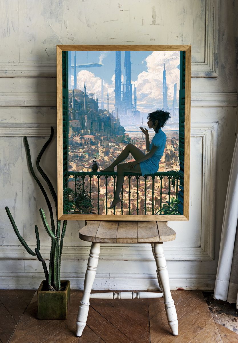 Futuristic Balcony Cityscape Print. room preview