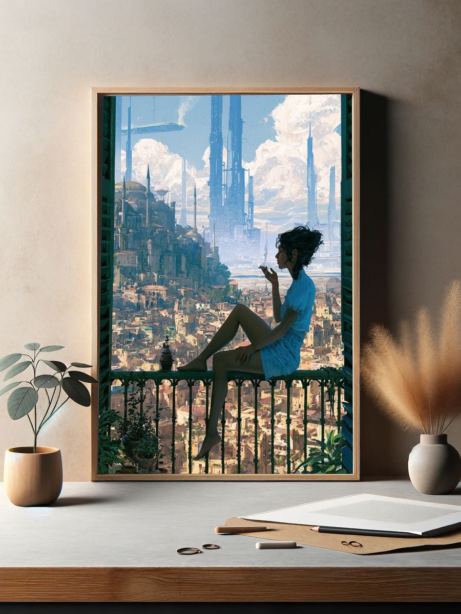 Futuristic Balcony Cityscape Print. — room view 2
