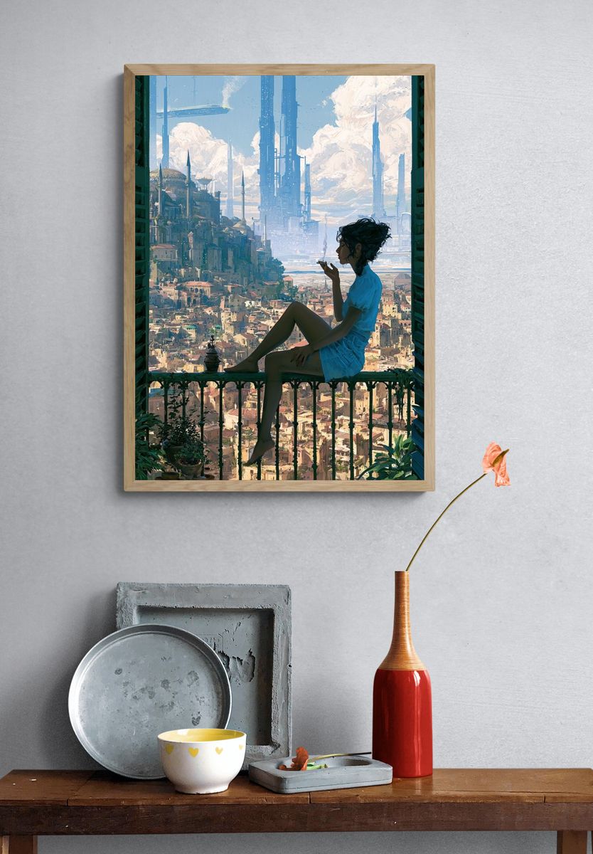Futuristic Balcony Cityscape Print. — room view 3