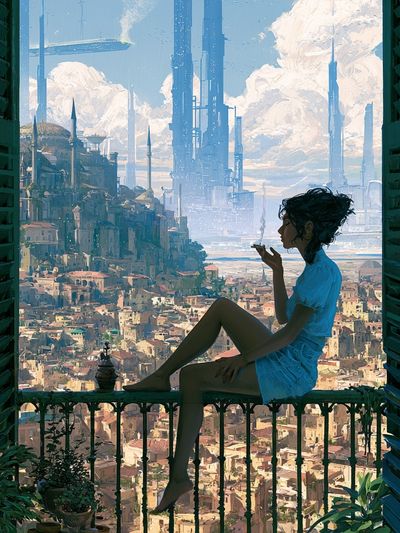 Futuristic Balcony Cityscape Print.